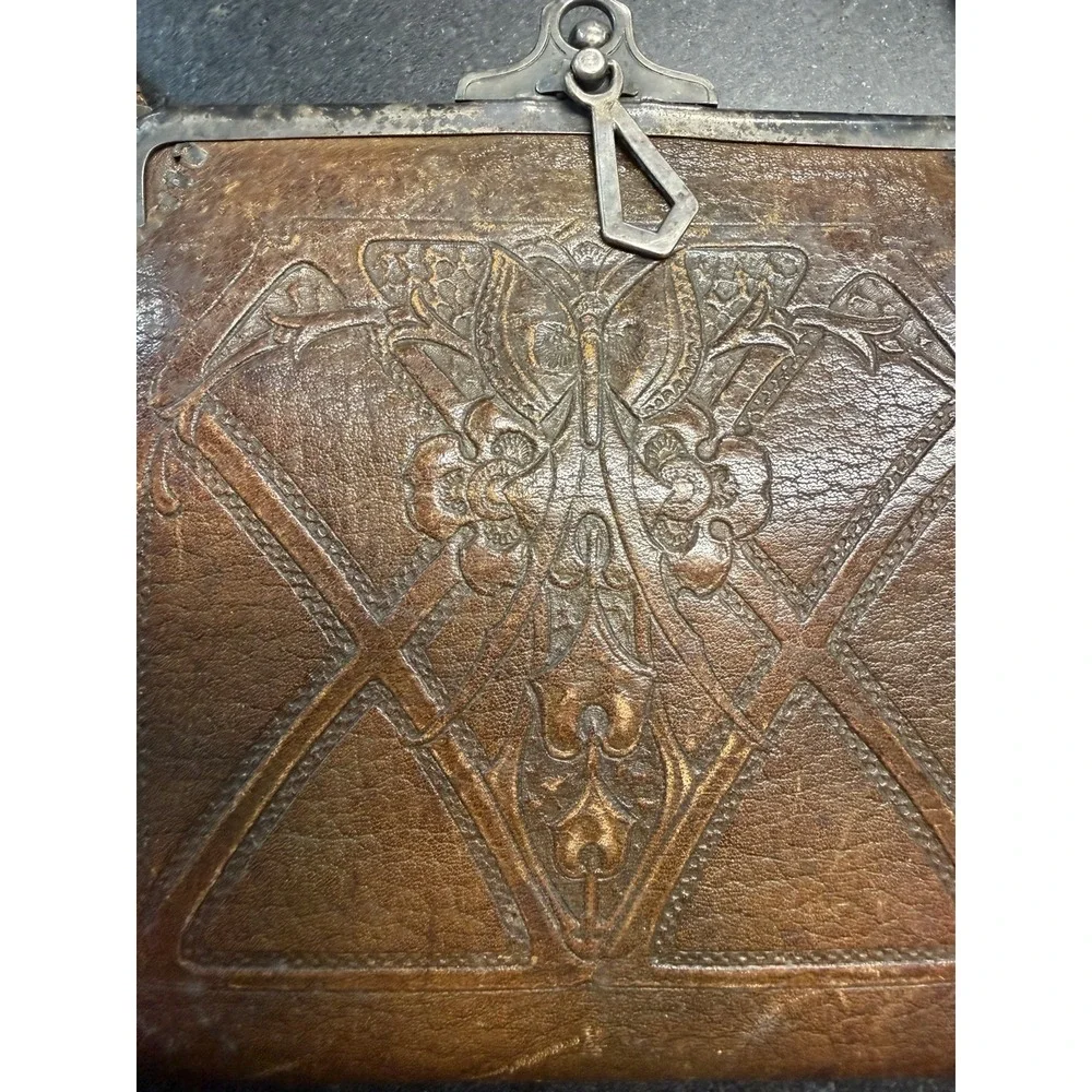 Antique Bosca Built Hand Tooled Brown Leather Handbag Art Nouveau Purse 1920s